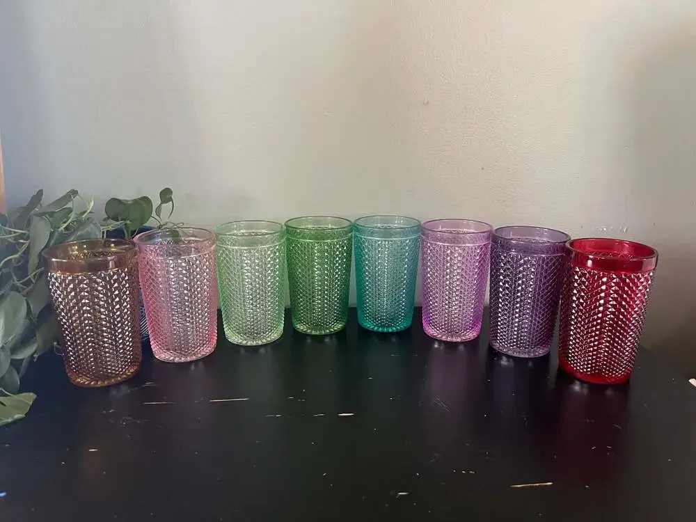 Set of 8 Multicolored Diamond Pattern Hobnail Textured Glass Drinking Tumblers - Picture 5 of 7